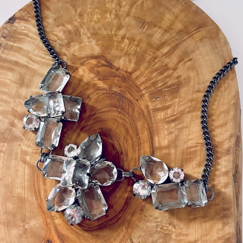 Crystal Silver Tone Bib Statement Necklace Translucent Stones chain extender